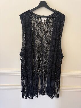 BOHO  Black  Fringe Crochet Vest Duster Festivals  Western  Sz 3X